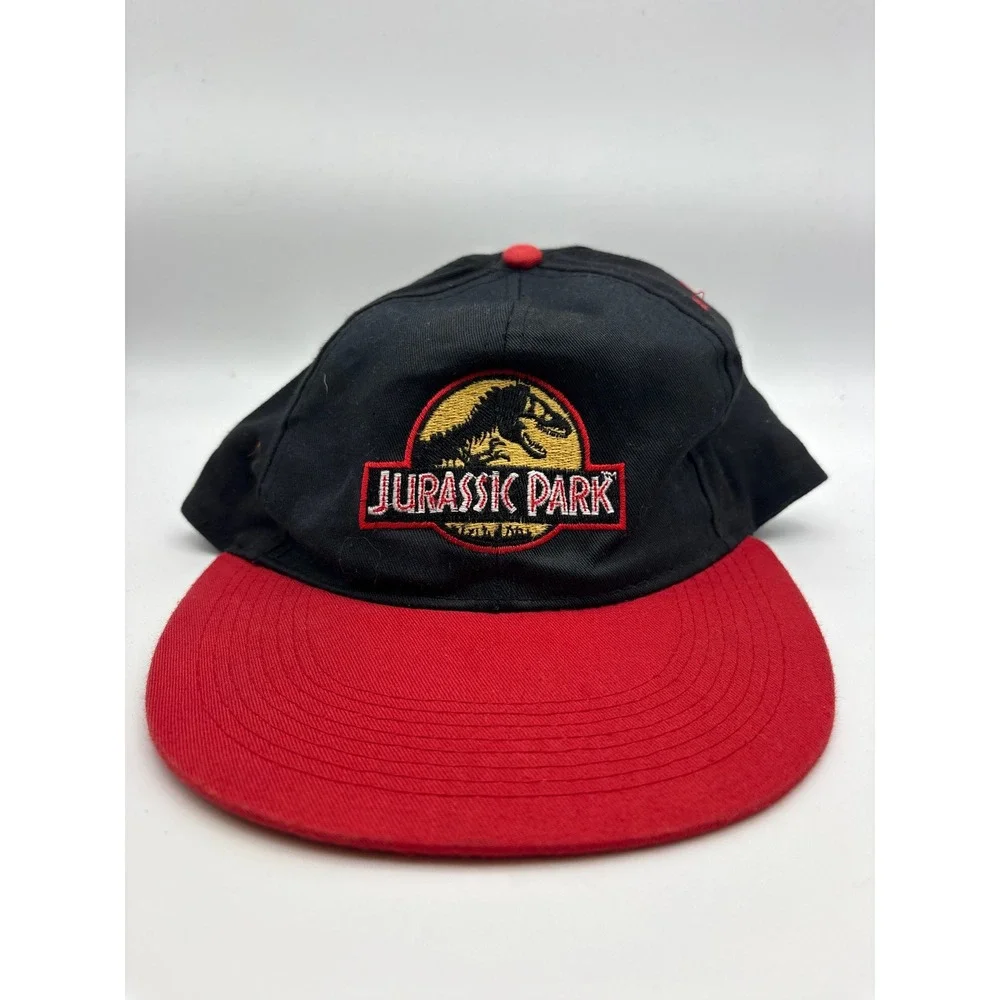 VTG 90s 1992 Jurassic Park Embroidered Snapback Hat Cap OS Black Red Movie Merch